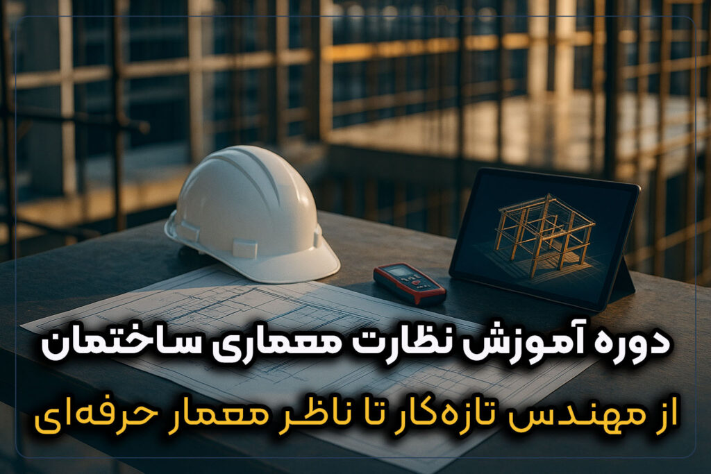 دوره آموزش نظارت معماری ساختمان، شامل نقشههای فنی، کلاه ایمنی مهندس و مدل سهبعدی سازه در تبلت