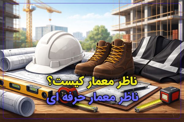 تجهیزات نظارت معماری شامل کلاه ایمنی سفید، جلیقه مشکی، متر دستی و متر لیزری در کارگاه ساختمانی